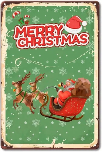 TRENDSTHAN Letrero de Navidad con texto en inglés "Merry Christmas", decoración de Eve Santa Claus y ciervos, letrero de metal vintage retro para