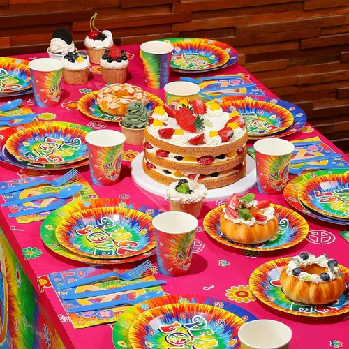 Miniatura 4 de 172 piezas de suministros para fiesta de cumpleaños de teñido anudado sirven para 24 personas y 60 años 60, decoración de fiesta temática hippie