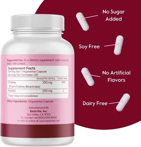Miniatura 3 de BESTVITE Colina inositol 500mg (240 cápsulas vegetarianas) (120 x 2) - Sin estearatos - Sin fosfato dicálcico - Sin rellenos - Vegano - Sin OMG