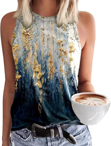Miniatura 2 de Camisetas para mujer cuello redondo sin mangas estampadas casuales de ajuste holgado básicas blusa de playa con encaje negro
