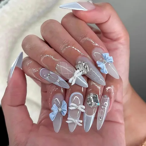 Miniatura 9 de RTKHFZE Uñas postizas a presión con forma de ataúd de almendra, uñas postizas medianas a presión para primavera y verano, con diseños de flores