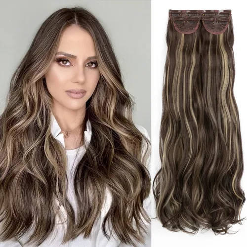 Miniatura 6 de Extensiones de cabello con pinzas, balayage, color marrón oscuro medio a rubio ceniza pálido, juego de 3 piezas, 16 pulgadas, 5.23 onzas, invisible