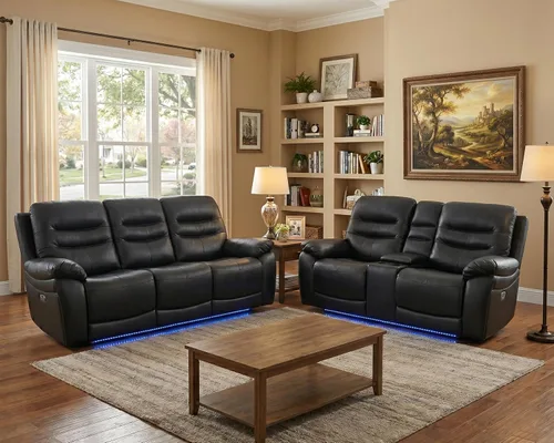 Miniatura 20 de Juego de 3 piezas para sala de estar, sofá reclinable eléctrico de cuero con puertos USB, iluminación LED y portavasos, asientos de cine en casa
