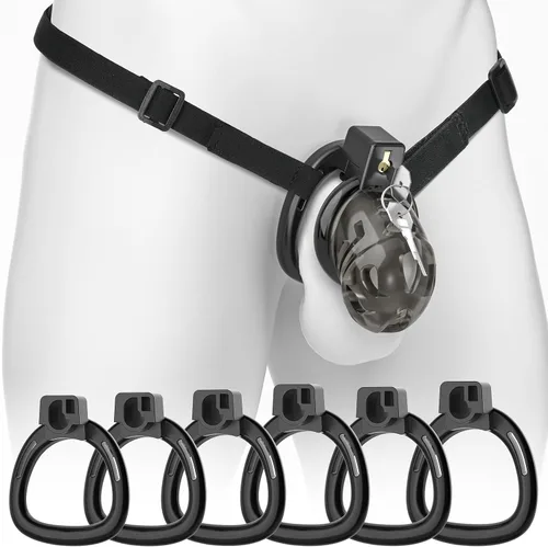 Jaula de castidad masculina, de silicona suave mediana, jaula de pene ligera con 6 tamaños de anillos y candado invisible para el ejercicio del pene