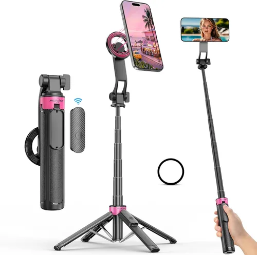 Trípode Magnético para iPhone, Palo de Selfie Portátil Trípode para Teléfono con Control Remoto, Soporte de Cuatro Patas para Teléfono Celular para