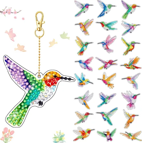 Miniatura 9 de Henoyso 24 Piezas Llaveros de Pintura de Diamante, Llaveros de Arte de Diamantes para Bricolaje, Kit de Taladro de Doble Cara 5D, Juego de Adornos