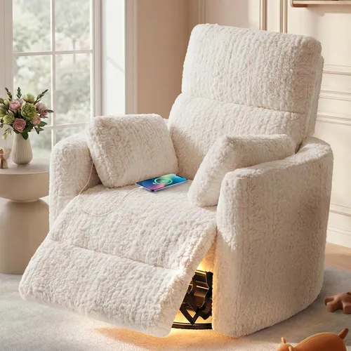 HUSFU Silla reclinable giratoria eléctrica, silla mecedora para habitación del bebé para adultos con luz nocturna y puertos USB y tipo C, cómodas