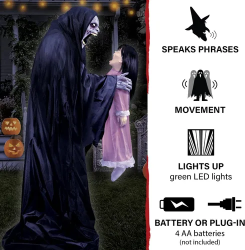 Miniatura 5 de Haunted Hill Farm Soul Sucker Demon Reaper con Niño de Tekky, Animatrónico de Halloween con Activación por Movimiento y Habla para Decoraciones