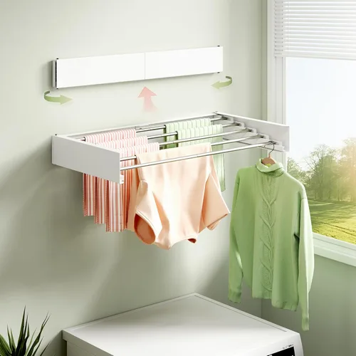 Miniatura 5 de BOQORAD Tendedero de ropa montado en la pared de 32 pulgadas, estante de secado para ropa de pared, estante de secado de lavandería, estante Blanco