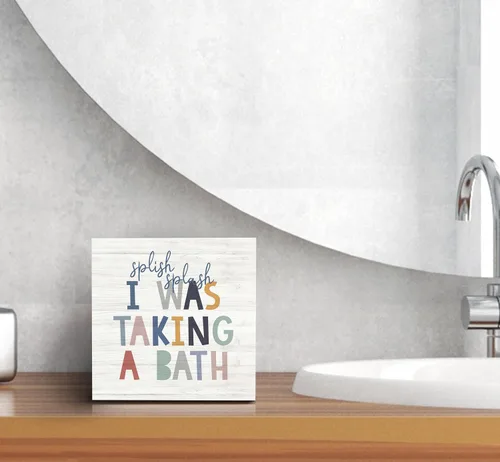 Miniatura 5 de SRADMO Caja de madera con texto en inglés "Splish Splash I Was Taking a Bath" para decoración de escritorio, divertida caja de bloques de madera