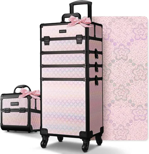 Miniatura 72 de BYOOTIQUE estuche rodante para maquillaje 4 en 1, con cerradura, maletín tipo trolley para cosméticos, con 4 ruedas extraíbles, organizador de viaje