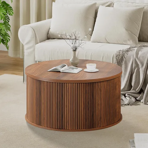 Miniatura 4 de Mesa de Centro con Tapa Elevable, Mesa de Centro Redonda Acanalada con Almacenamiento, Mesa de Comedor Central Estilo Granja Mesa Circular para Sala