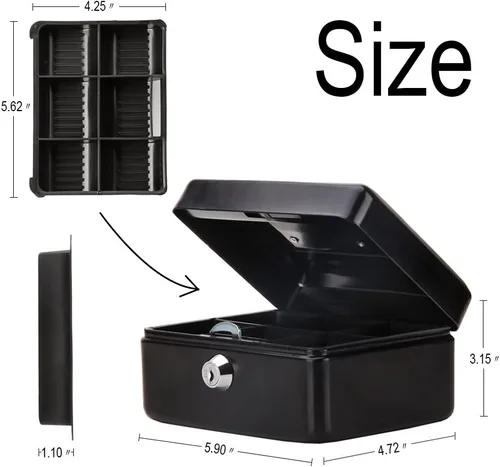 Miniatura 3 de Decaller - Caja de dinero pequeña con cerradura de llave, caja de dinero de metal portátil con doble capa y 2 llaves para seguridad, negro, 6 x 4