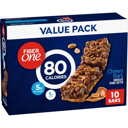 Fiber One Barras masticables de 80 calorías, mantequilla de maní de chocolate, paquete económico, 10 unidades, 8.2 onzas
