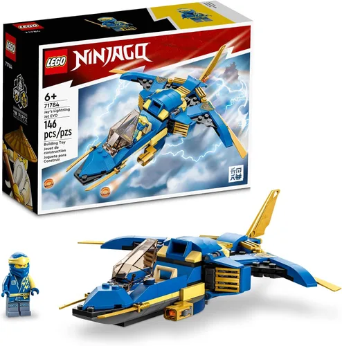 LEGO NINJAGO Jay’s Lightning Jet EVO 71784, Avión de Juguete Actualizable, Set de Construcción de Avión Ninja, Idea de Regalo de Cumpleaños