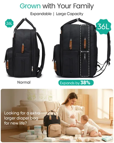 Miniatura 2 de Qualyphant Mochila para pañales extragrande para dos niños gemelos, bolsa de bebé expandible (26-36 L), compartimentos grandes duales, incluye Negro