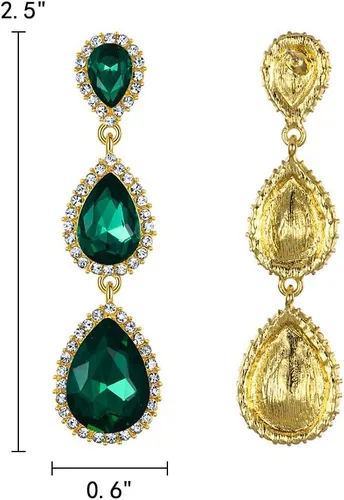 Miniatura 7 de EleQueen Pendientes de cristal austriaco en tono dorado para mujer, forma de pera de 2.5 pulgadas, color esmeralda