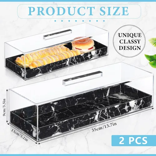 Miniatura 2 de Dandat 2 piezas Bandeja rectangular de servicio con tapa, mármol gris y negro granulado, soporte rectangular para pastel acrílico, soporte