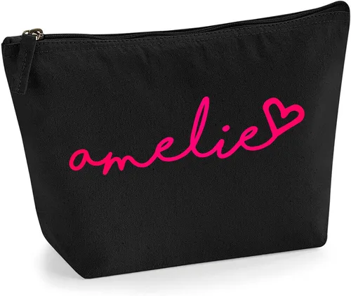 Miniatura 6 de Bolsa de accesorios de maquillaje con iniciales de nombre escritas a mano personalizadas en color negro con purpurina o textura de flocado