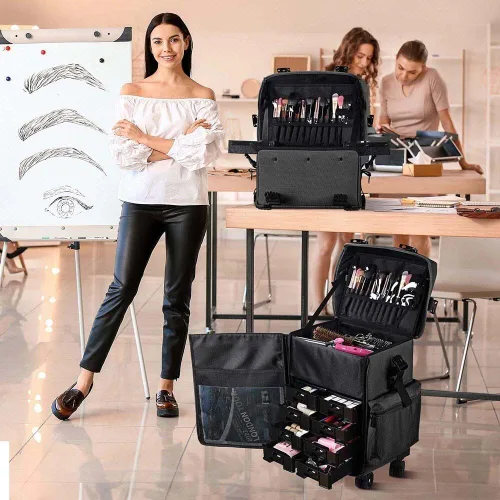 Miniatura 7 de Estuche con rueditas AW 2 en 1 para maquillaje, ligero, color negro, de tela oxford, 15x11x25 pulgadas, bolsa para cosméticos con cajones