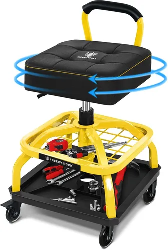 Miniatura 14 de Rolling Shop Taburete con ruedas, silla de taller mecánico de garaje con respaldo de asa, taburete de trabajo de altura ajustable, asiento