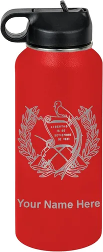 Miniatura 77 de LaserGram Botella de agua personalizada, bandera de Guatemala, acero inoxidable de doble pared aislada al vacío con popote superior, regalo grabado