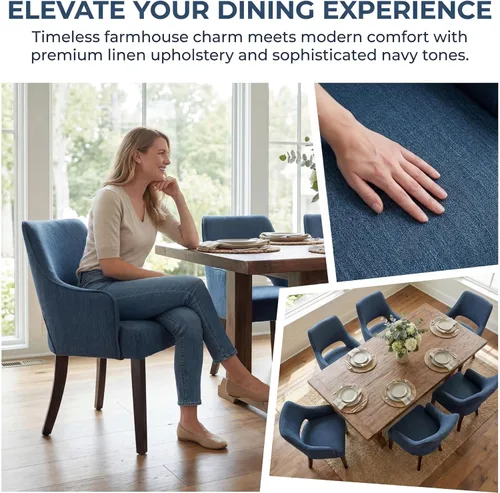 Miniatura 4 de Juego de 6 sillas de comedor de lino tapizadas, sillas de cocina de estilo granja con brazos, sillas decorativas, sillas laterales con patas