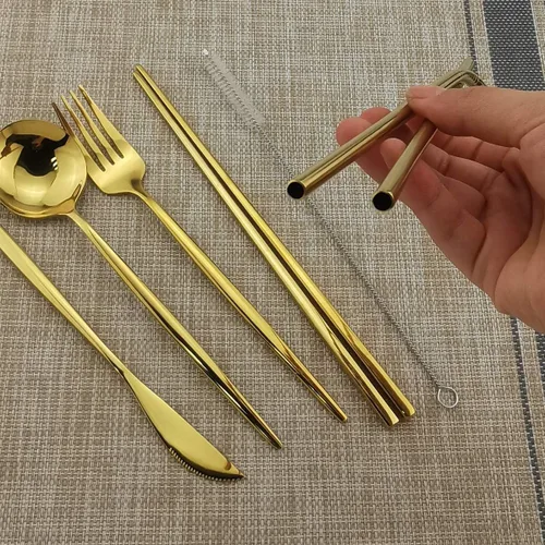 Miniatura 2 de 8 utensilios reutilizables con funda, utensilios de almuerzo de oficina, juego de cubiertos portátiles dorados de acero inoxidable con bolsa