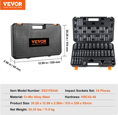 Miniatura 7 de Vevor - Juego de 34 vasos de impacto de 1/2 pulgada, métrico de 8 mm a 36 mm, de 6 puntas, de aleación de acero Cr-MO para reparación