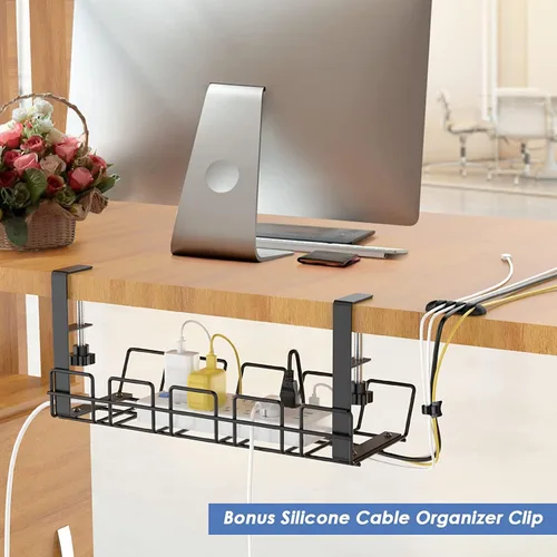Organizador de cables negro para debajo del escritorio, bandeja de gestión de cables de acero resistente para debajo del escritorio, organizador de
