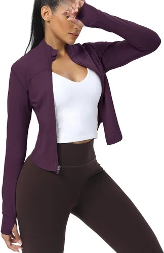 Miniatura 108 de AVGO Chaquetas de entrenamiento recortadas para mujer, con cremallera, ajustadas, atléticas, con agujeros para el pulgar