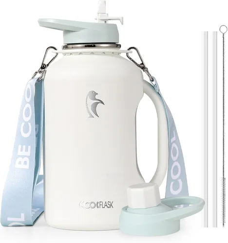 Miniatura 12 de Coolflask - Botella de agua aislada de 64 onzas, jarra de agua de medio galón con asa, popote de acero inoxidable, doble pared, de metal al vacío