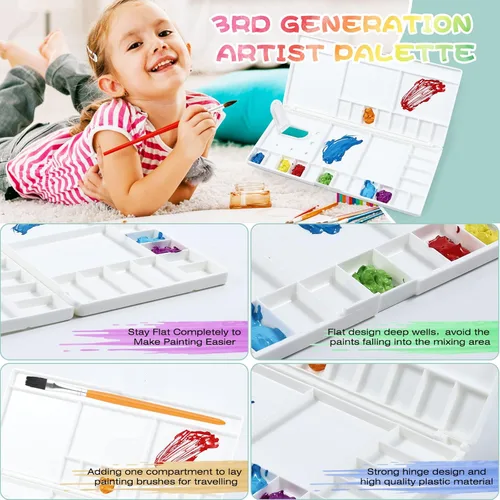Miniatura 4 de Junreox Paleta de acuarela, paleta de acuarela grande con 24 pozos y 5 áreas de mezcla, paleta de pintura premium con tapa, bandeja de pintura