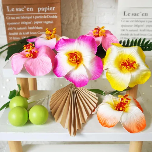 Miniatura 3 de 25 adornos para tartas hawaianas con hojas de palma, hibisco, bolas de flores para Hawaii, Aloha, selva, verano, boda, cumpleaños (multicolor)