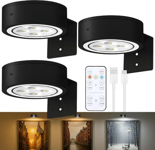 Miniatura 16 de Paquete de 3 luces para cuadros de pared, luz LED para pintura operada por batería recargable con control remoto regulable y temporizador, 3 modos