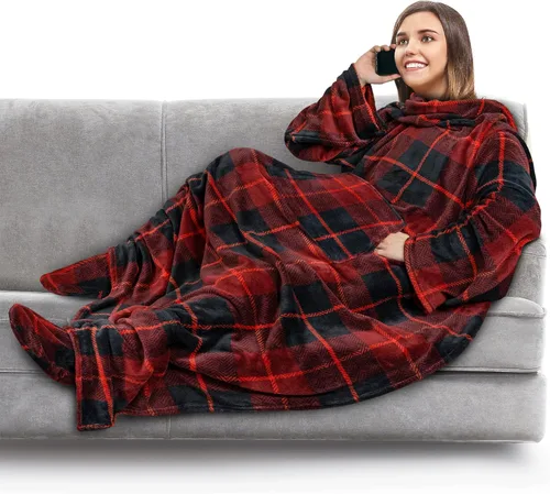 Miniatura 19 de PAVILIA Manta de forro polar con mangas, bolsillos para los pies para mujeres, hombres y adultos, manta de felpa para llevar, cálida manta