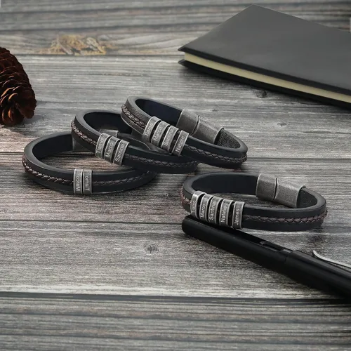 Miniatura 4 de Pulseras personalizadas con nombre para hombre, pulsera de cuero para hombre con 2-5 nombres de niños, regalos personalizados para papá, esposo, hijo