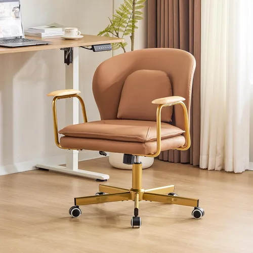 Furniliving Sillas de oficina de cuero, silla de oficina dorada, silla giratoria ajustable para computadora con patas doradas y reposabrazos Marrón