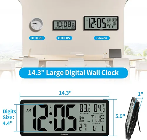 Miniatura 5 de Geevon Atomic Clock,14.5"Large Digital Wall Clock Battery Operated with Dual Alarm Clock, Indoor Outdoor Temperature, 4.4"Jumbo Digits, Day and Date