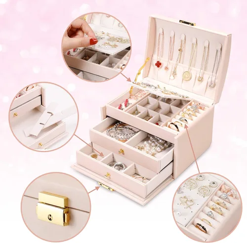 Miniatura 3 de DEZZIE Joyero para mujer piel sintética para personas mayores caja de almacenamiento de joyas de tamaño mediano de 3 capas con cerradura Estuche