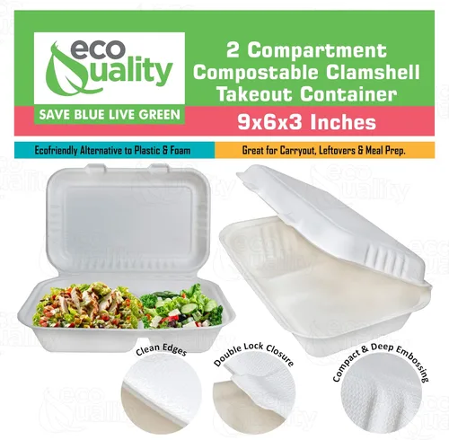 Miniatura 4 de Compostable 2 compartimentos rectangulares con bisagras Clamshell Take Out Contenedores de alimentos 9x6x3,Calidad resistente desechable para llevar