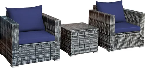 Miniatura 9 de Tangkula Juego de muebles de patio de 3 piezas, juego de sofá de mimbre de ratán PE con cojín lavable y mesa de vidrio templado, muebles de Mezcla