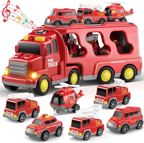 Miniatura 12 de Camiones de construcción de juguetes para niños de 2, 3, 4, 5 años, vehículo de transporte 5 en 1 para niños pequeños de 2 a 4 años con grúa