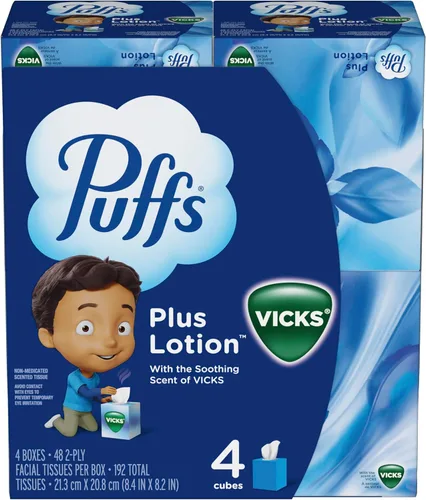 Miniatura 11 de Puffs Plus Loción con pañuelos faciales Vicks, 4 cajas, 48 pañuelos por caja (192 pañuelos)