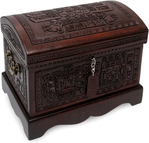 Miniatura 9 de NOVICA Caja de joyería de madera y cuero labrado Mohena con temática colonial, legado colonial