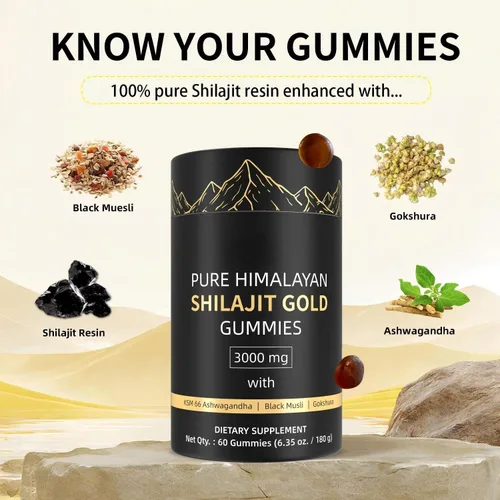 Miniatura 5 de Gomitas Shilajit del Himalaya de 3000 mg doradas para hombres y mujeres, orgánicas y naturales con más de 85 minerales esenciales y ácido fúlvico
