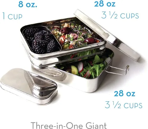 Miniatura 2 de Ecolunchbox Caja Bento de acero inoxidable tres en uno, 2 niveles, contenedor para aperitivos, tamaño gigante, capacidad para 8 tazas de alimentos