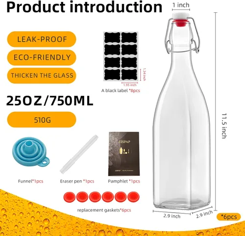 Miniatura 2 de Paquete de 6 botellas de vidrio cuadradas de 25 onzas, botellas de 25 onzas líquidas con tapones herméticos para kombucha, kéfir, extracto