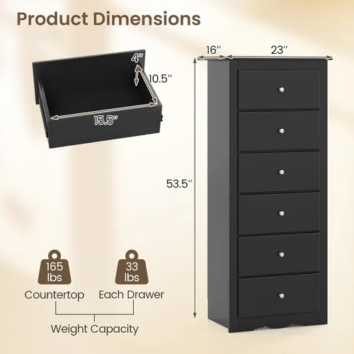 Miniatura 3 de Giantex Cómoda de 6 cajones para dormitorio, cómoda de madera con asas de metal y gran capacidad, organizador de ropa de 16" P x 23.5" A x 53.5" Al
