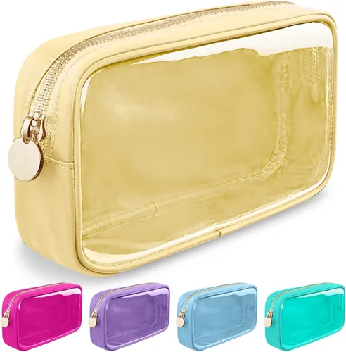 izuzta Bolsa de maquillaje pequeña de nylon, linda bolsa preppy, bolsa con cremallera para cosméticos, Beige, Chico 2-Beige